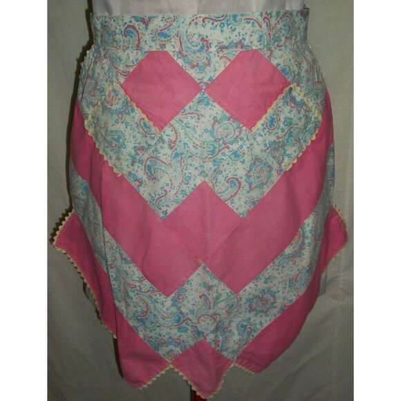 Handmade Pink Blue Chevron Half Apron Pocket Ric Rac Paisley Kitchen Cooks - Picture 1 of 6